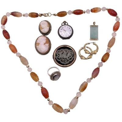 Collection Antique Jade, Cameo, Ladies Pocket Watch Jewelry Lot