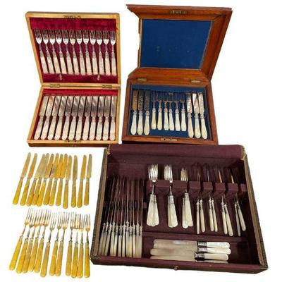 Collection Mother of Pearl, Celluloid, & Some Sterling Silver Flatware Cutlery Sets