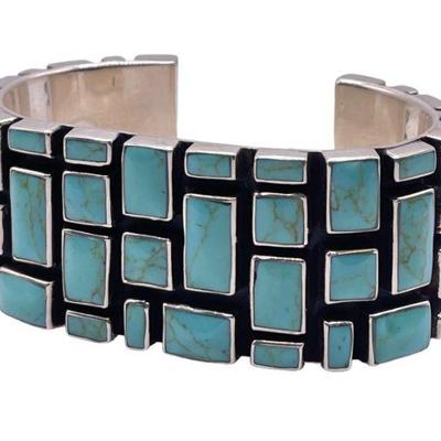 Sterling Silver & Turquoise Cobblestone Inlay Cuff Bracelet