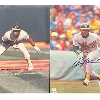 Two Signed RICKEY HENDERSON #24 Oakland A's Photographs