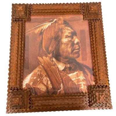 Signed POPS CASEY Folk Art Picture Frame W/ Native American Portrait