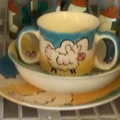 Hand painted childâ€™s cup, bowl and plate