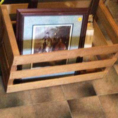 Record crates, framed art
