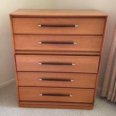 MCM Heywood Wakefield tall chest of drawers with walnut pulls