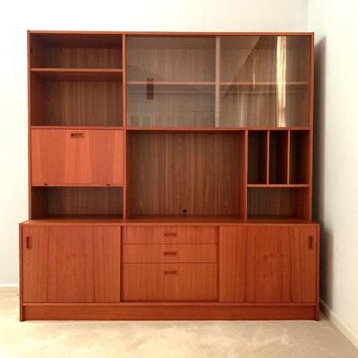 MCM danish-style walnut 2-part bookcase/cabinet with drop-down desk, 70 in. wd. x 69 in. ht.