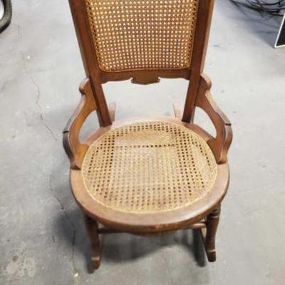 #4024 â€¢ 1890's Antique Wooden Inlayed Rocking Chair Cained Seat - Beautiful
