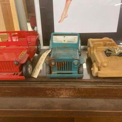 #1242 â€¢ 3 Jeeps, two Tonkas one wooden one hot wheel
