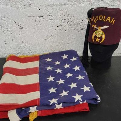 #1000 â€¢ Old 3'x5' American Flag and Moolah Fez Hat
