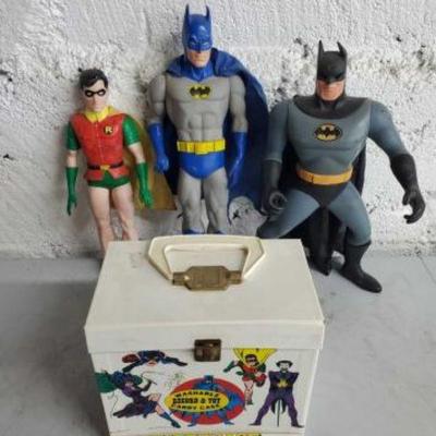 #3646 â€¢ 2 Batman Dolls, 1 Robin and Batman Toy Case
