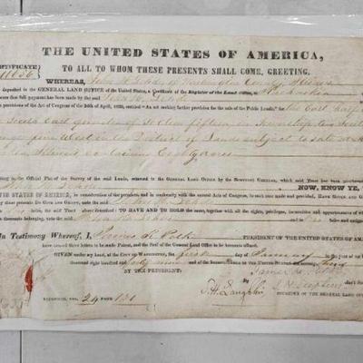 #832 â€¢ Original President James Polk Signed Land Grant - 1849 General La...
