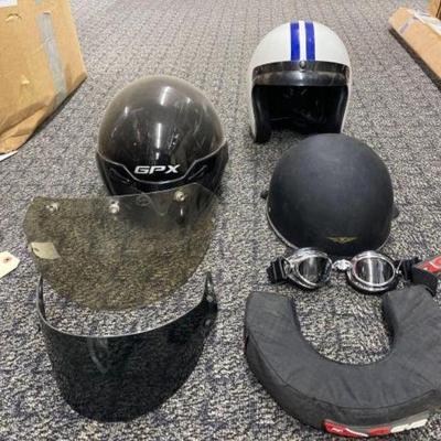 #2600 â€¢ 3 Motorcycle Helmets 2 Visors, goggles and neck support
