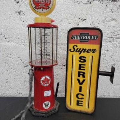 #1098 â€¢ Supertest Plastic Liquor Dispenser and Small Chevrolet Super Service Sign
