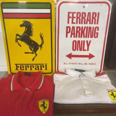 #1238 â€¢ 2 Ferrari Signs and 2 Farrari Collared Shirts
