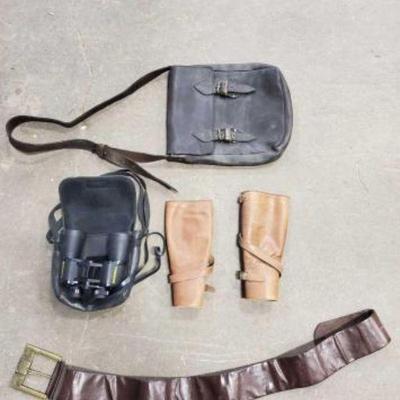 #4012 â€¢ Leather Belt, Leather Arm Sleeves, leather satchel, and Binoculars
