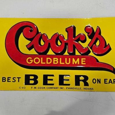 #864 â€¢ Original Single Sided Painted Cook's Goldblume Beer Sign
