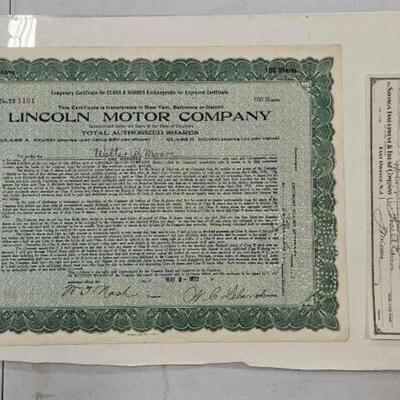 #834 â€¢ 1922 Lincoln Motor Company Share Certificate and Edison Check f...
