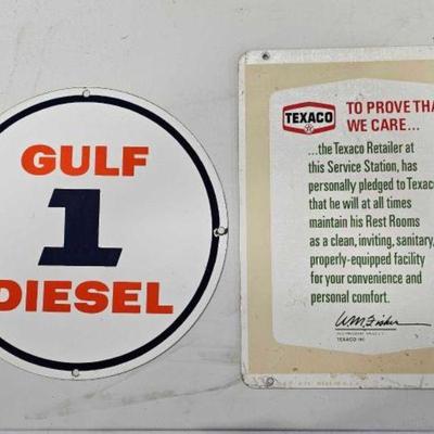 #848 â€¢ Texaco Restroom Pledge Sign and Gulf Diesel Porcelain Sign

