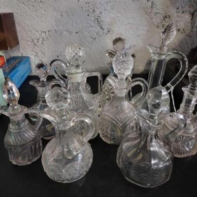 #3674 â€¢ Collection of 10 Lead Crystal Glass Cruets: Wine, Olive Oil, Vinegar
