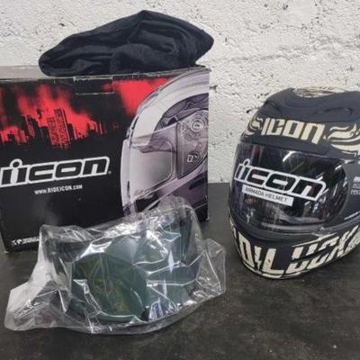 #1046 â€¢ New Icon Aitmada XL Helmet with Duster, Tinted Visor and Box

