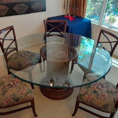Sherrill Fine Furnishings Romanesque dining table with six chairs and 60 inch round glass top (like new)