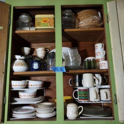 Contents of cabinet, Correlle dishes, mugs and misc.