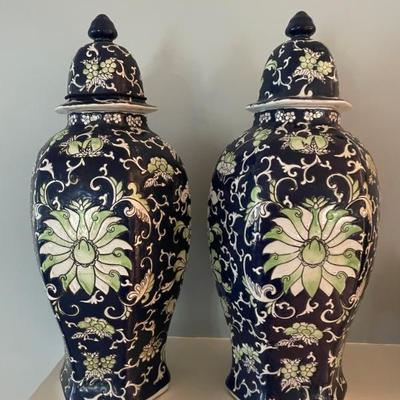 Pair of blue, green and white  porcelain temple jars