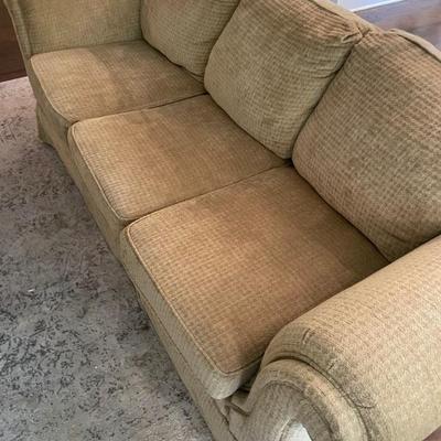 Highland House light sage skirted sofa 88" W x 31" H x 36" D