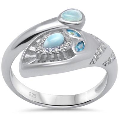 Natural Larimar & Cubic Zirconia & Blue Topaz .925 Sterling Silver Ring Size 8...