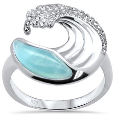 Natural Larimar & Cubic Zirconia Wave Design .925 Sterling Silver Ring Size 8...