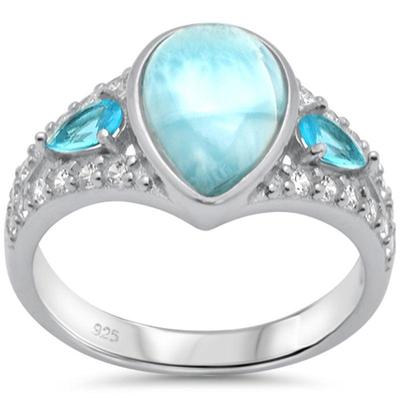 Pear Shaped Larimar, Cubic Zirconia & Blue Topaz .925 Sterling Silver Ring Size 8...