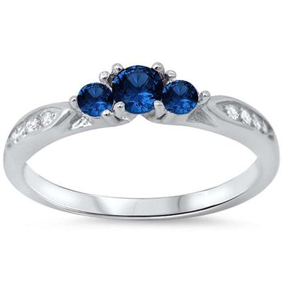 Three Stone Blue Sapphire & Cubic Zirconia Fashion Promise .925 Sterling Silver Ring Sizes 5-10...
