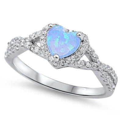 Light Blue Opal Heart & Cubic Zirconia .925 Sterling Silver Ring Sizes 6...