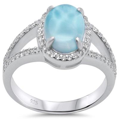Oval Natural Larimar & Cubic Zirconia Halo .925 Sterling Silver Ring Size 8...