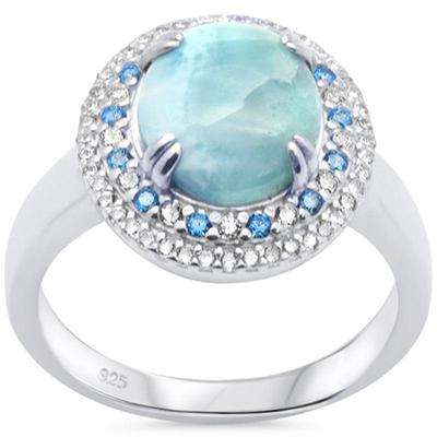 Oval Natural Larimar,CZ & Blue Topaz Double Halo .925 Sterling Silver Ring Size 8...