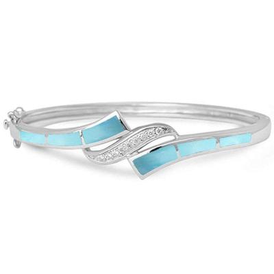 Natural Larimar & Cz .925 Sterling Silver Bangle Bracelet...