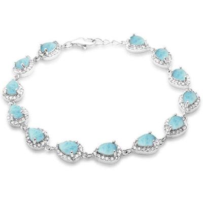 Pear Shape Natural Larimar & Cubic Zirconia .925 Sterling Silver Bracelet...