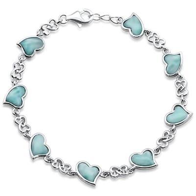 Natural Larimar Heart Charm .925 Sterling Silver Bracelet 7.5
