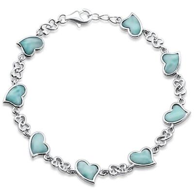 Natural Larimar Heart Charm .925 Sterling Silver Bracelet 7.5" Long...