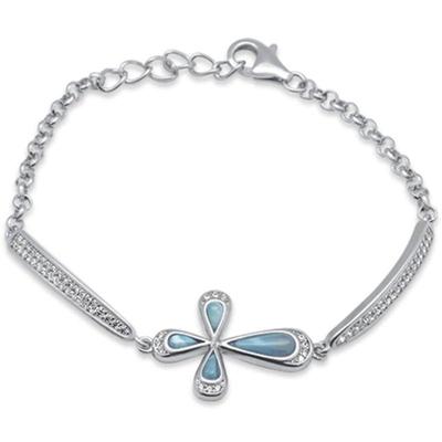 Natural Larimar Sideways Cross  .925 Sterling Silver Bracelet 6-8