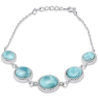 Round Natural Larimar .925 Sterling Silver Bracelet 6" + 1" Adjustable...