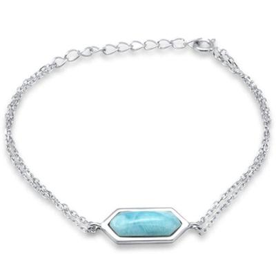 Crystal Shaped Natural Larimar .925 Sterling Silver Bracelet 5.5" + 1.5" Adjustable...