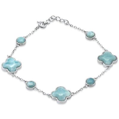 Natural Larimar Clover Flower .925 Sterling Silver Bracelet 6 + 1