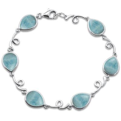 Pear Shape Natural Larimar Design .925 Sterling Silver Bracelet 7" Long...