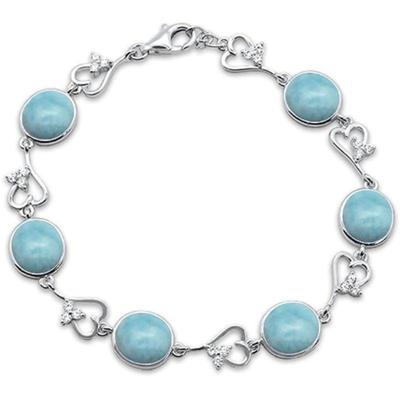 Oval Natural Larimar Heart shape Cubic Zirconia .925 Sterling Silver Bracelet 7" Long...