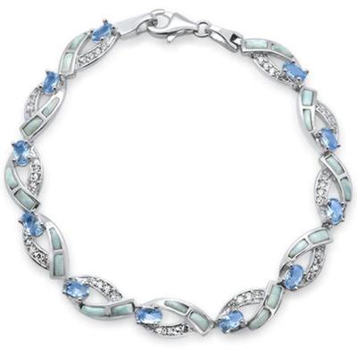 Oval Tanzanite, Natural Larimar & CZ  .925 Sterling Silver Bracelet 7.5"...