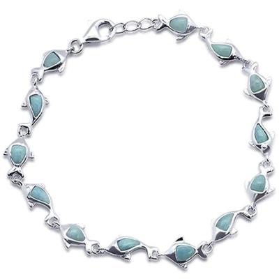 Natural Larimar Dolphin Charm  .925 Sterling Silver Bracelet 7.5" to 8" Long...