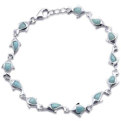 Natural Larimar Dolphin Charm  .925 Sterling Silver Bracelet 7.5