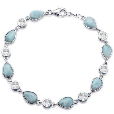 Pear Natural Larimar & Cubic Zirconia .925 Sterling Silver Bracelet 7" Long...