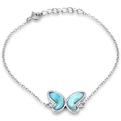 Natural Larimar Butterfly .925 Sterling Silver Bracelet 6" + 1" Adjustable...
