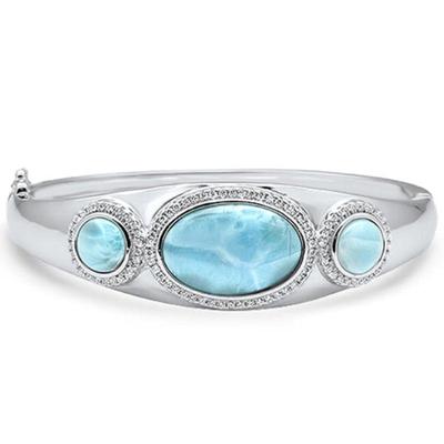 Natural Larimar & Cubic Zirconia .925 Sterling Silver Bangle Bracelet...